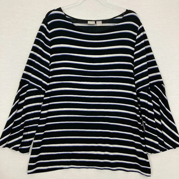 Chico's Travelers Black White Striped Slinky Knit Flare Sleeve Top size 16/18 - Picture 1 of 9